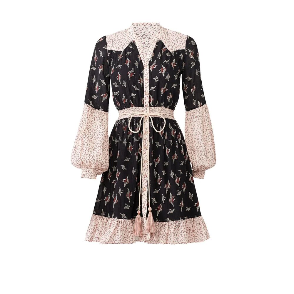 BY TIMO S bird Bohemian mini dress long sleeve viscose cotton collared